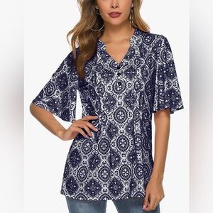 Hocosit Women’s Printed V Neck Flutter Sleeve Tunic Top size XL NWT